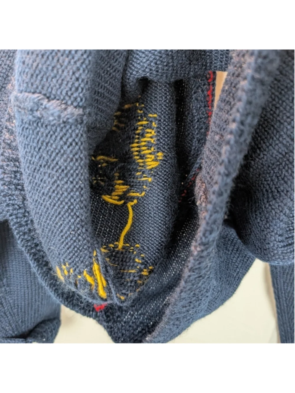 Handmade Wool Navy Cardigan with Yellow Lion Accents Size L In VGUC